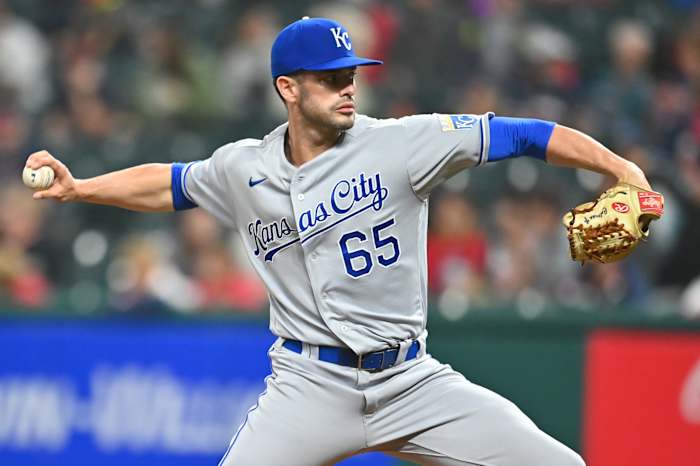Sep 21, 2021; Cleveland, Ohio, USA; Kansas City Royals relief pitcher Dylan Coleman (65) throws a pitch during the seventh inning against the Cleveland Indians at Progressive Field. Mandatory Credit: Ken Blaze-USA TODAY Sports